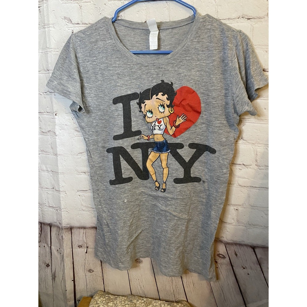 Betty Boop Tshirt Womens Medium retro Pinup Y2K Gray Scoop Neck I Love NY